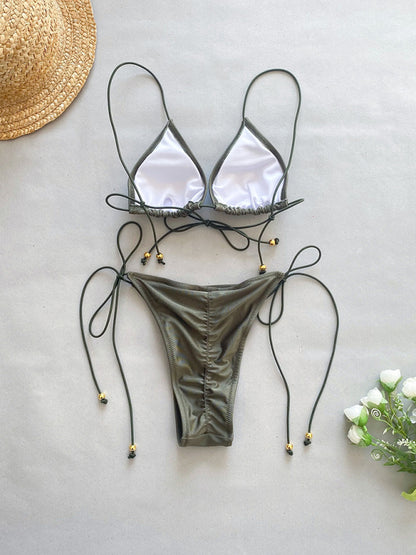 Swimwear- Triangle Bra Sparkle Swimsuit with Ruched Peach Micro Bikini- - Chuzko Women Clothing