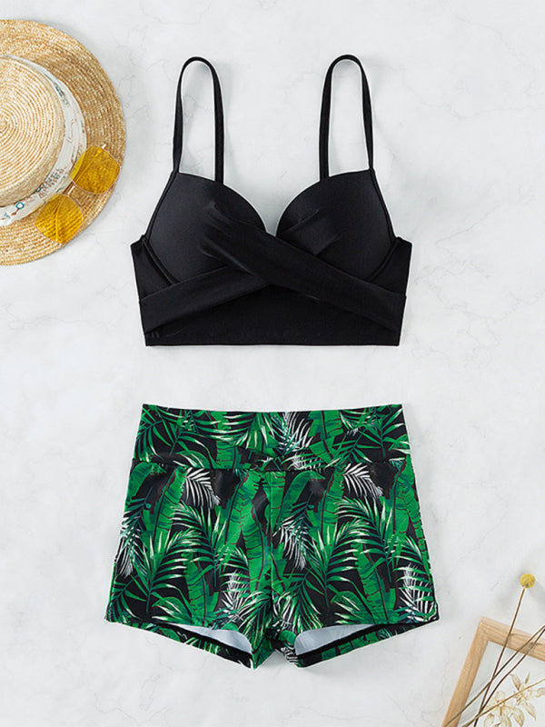 Swimwear- Tropical Color Block 2-Piece Beach Bikini with High-Waisted Shorts- - Chuzko Women Clothing