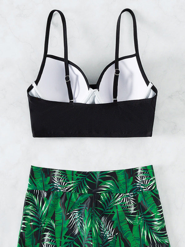 Swimwear- Tropical Color Block 2-Piece Beach Bikini with High-Waisted Shorts- - Chuzko Women Clothing