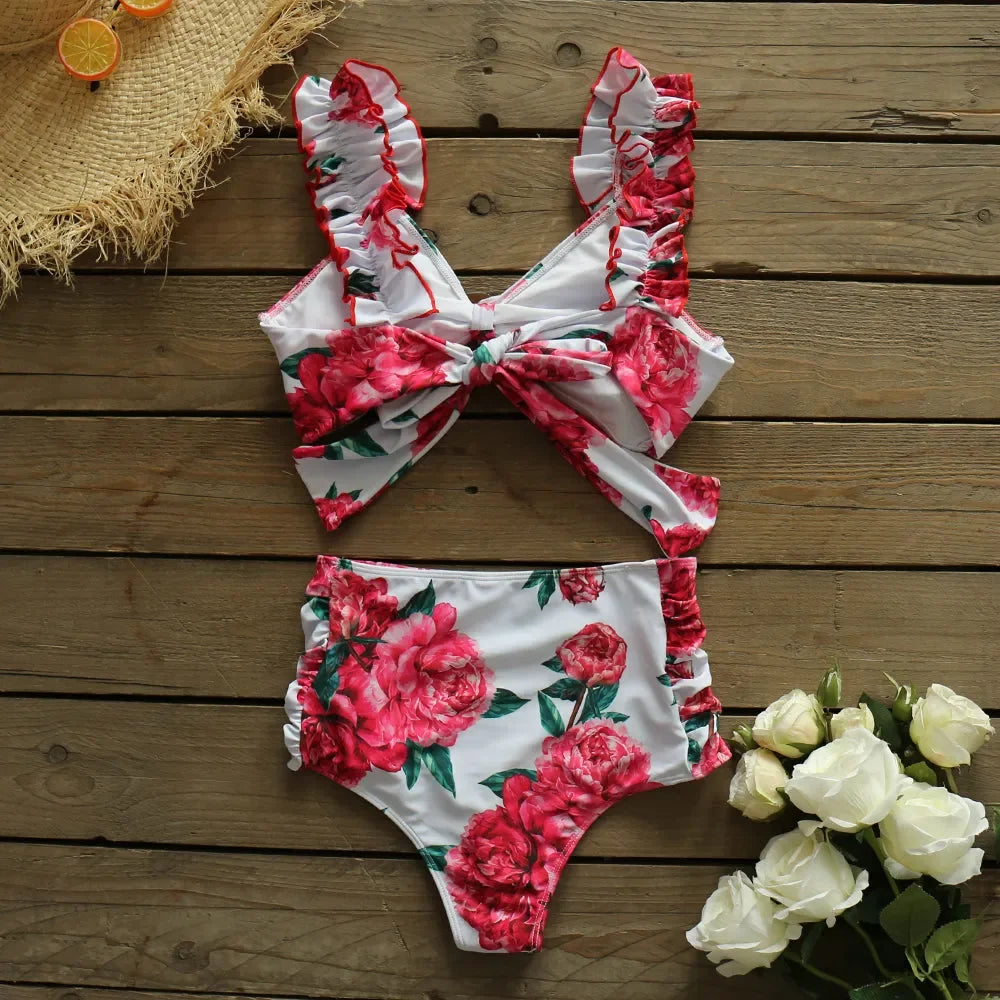 Swimwear- Tropical Floral Two-Piece Swimwear - Top with High-Waisted Bottoms- Lavender- Chuzko Women Clothing