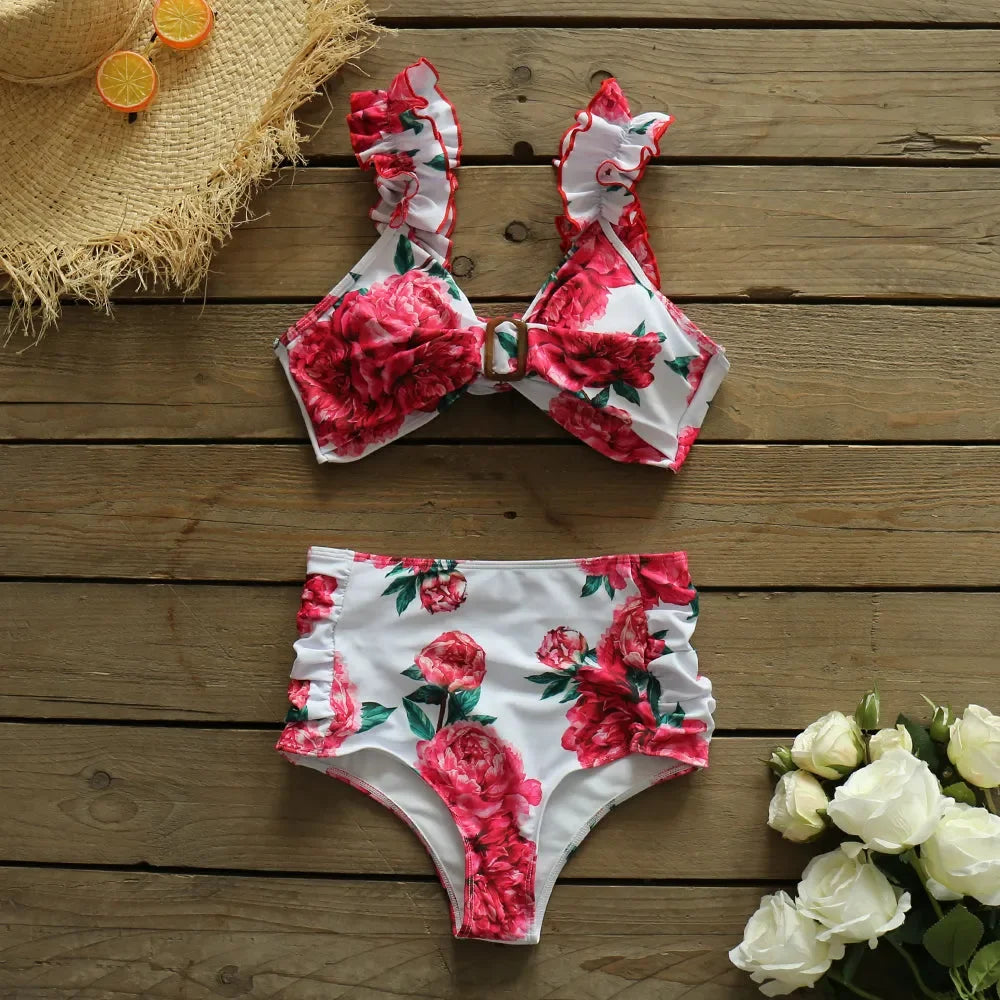 Swimwear- Tropical Floral Two-Piece Swimwear - Top with High-Waisted Bottoms- - Chuzko Women Clothing