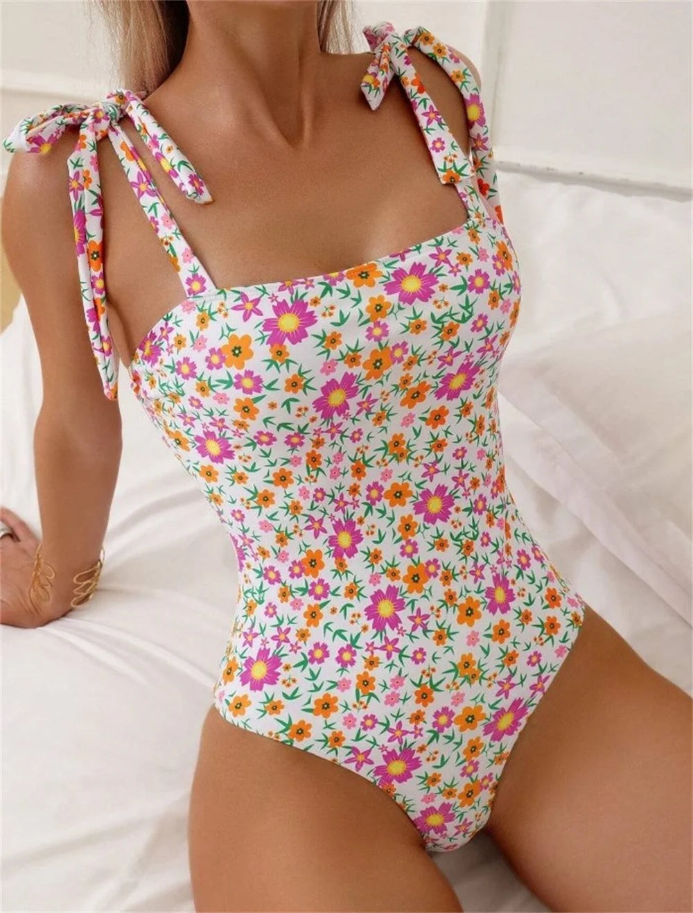 Swimwear- Tropical Flower One-Piece Swimsuit for Poolside Lounging- - Chuzko Women Clothing