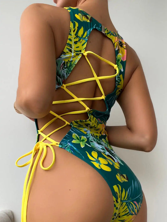 Swimwear- Tropical Paradise Women's Asymmetric Lace-Up Back One-Piece Swimwear- - Chuzko Women Clothing