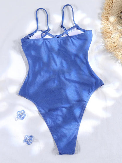 Swimwear- Tummy Control Cutout Glossy One-Piece Swimsuit for Beach- - Chuzko Women Clothing