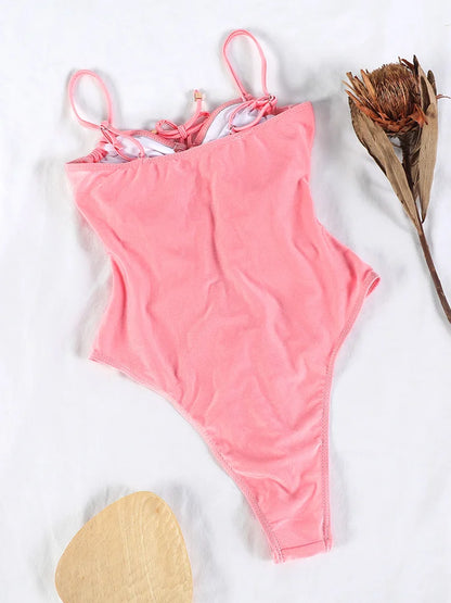 Swimwear- Tummy Control Cutout Glossy One-Piece Swimsuit for Beach- - Chuzko Women Clothing