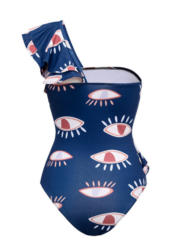 Swimwear- Tummy Control Ruffle Blue One-Piece Swimsuit in Eye Print- - Chuzko Women Clothing