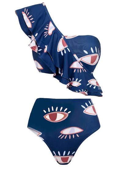 Swimwear- Tummy Control Ruffle Blue One-Piece Swimsuit in Eye Print- Blue- Chuzko Women Clothing