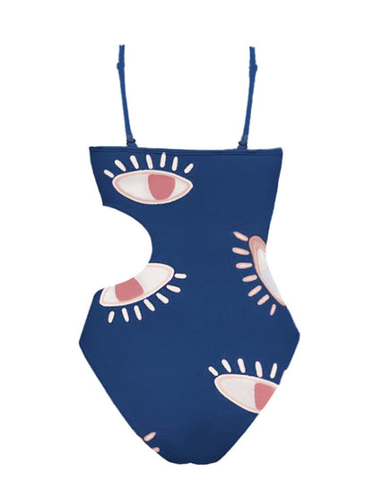 Swimwear- Tummy Control Ruffle Blue One-Piece Swimsuit in Eye Print- - Chuzko Women Clothing