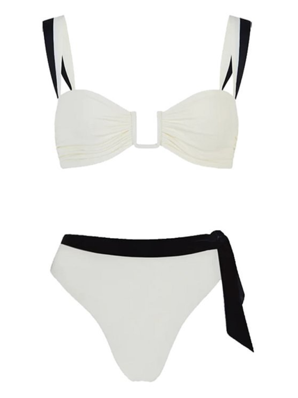Swimwear- Women's 2 Piece Contrast Binding Knot-Side Bikini Set with Ruched Bra- - Chuzko Women Clothing
