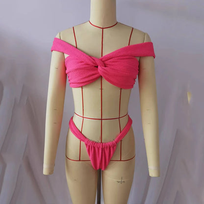 Swimwear- Women's 2 Piece Solid Color Twist Crop Top & Micro Bikini Set for Beach- - Chuzko Women Clothing