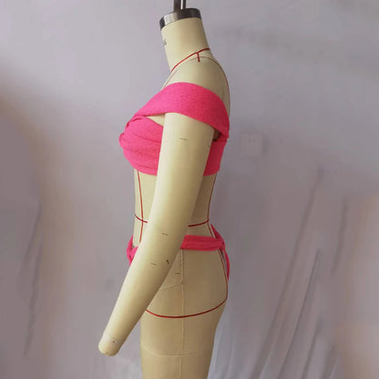 Swimwear- Women's 2 Piece Solid Color Twist Crop Top & Micro Bikini Set for Beach- - Chuzko Women Clothing