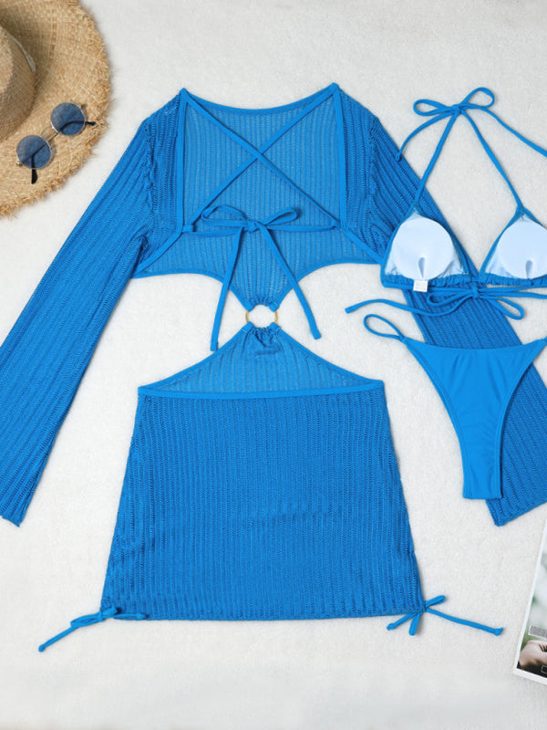 Swimwear- Women's 3-Piece String Swimsuit - Bikini & Triangle Bra & Beachy Mesh Cover-Up- - Chuzko Women Clothing
