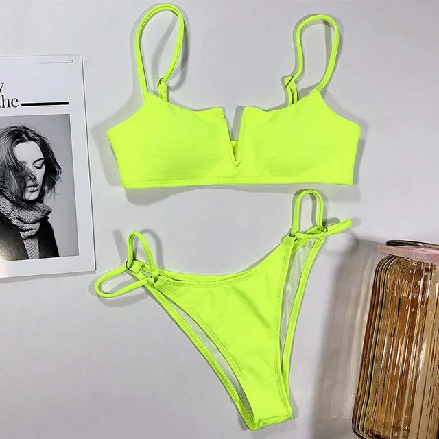 Swimwear- Women's Animal Print Swimwear V-Neck Bra & Bikini- Yellow Neon- Chuzko Women Clothing