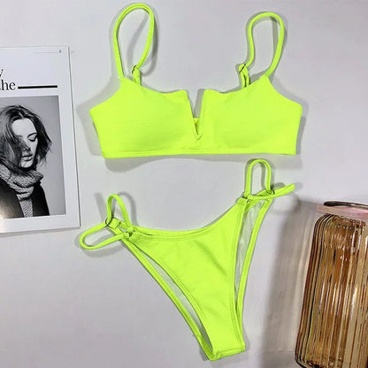 Swimwear- Women's Animal Print Swimwear V-Neck Bra & Bikini- Yellow Neon- Chuzko Women Clothing