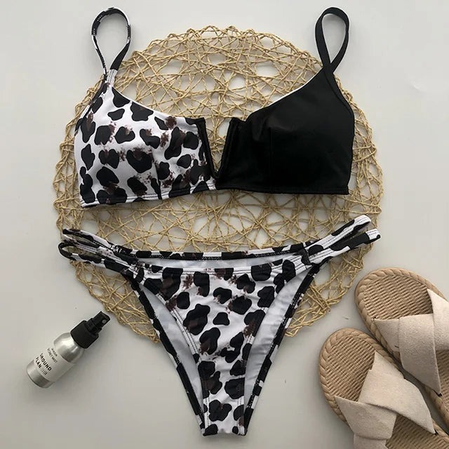 Swimwear- Women's Animal Print Swimwear V-Neck Bra & Bikini- Black Leopard Print- Chuzko Women Clothing