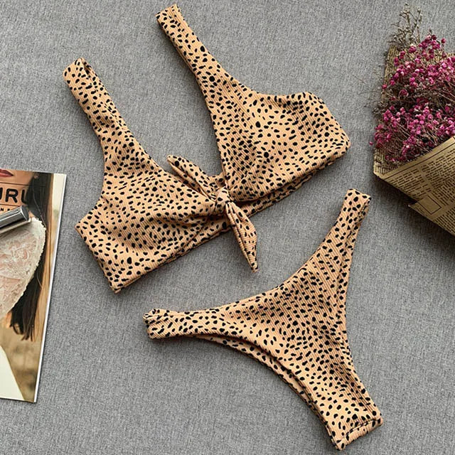 Swimwear- Women's Animal Print Swimwear V-Neck Bra & Bikini- Khaki Leopard Print- Chuzko Women Clothing