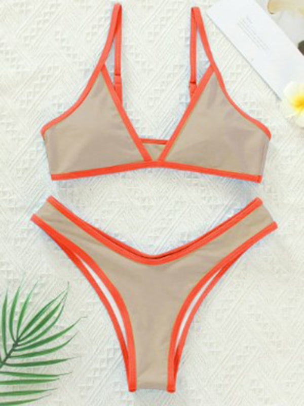 Swimwear- Women's Bikini & Triangle Bra Swimsuit Set in Contrast Binding- - Chuzko Women Clothing