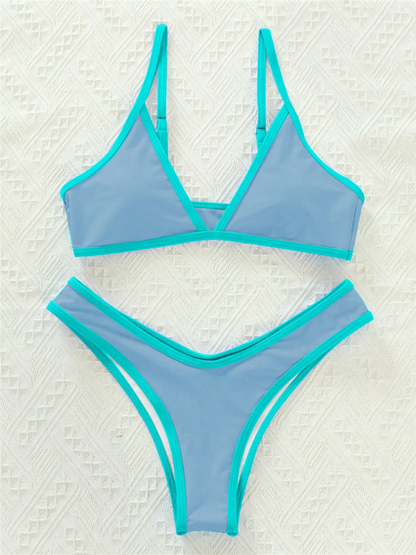 Swimwear- Women's Bikini & Triangle Bra Swimsuit Set in Contrast Binding- Pattern6- Chuzko Women Clothing