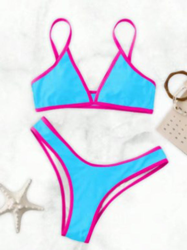 Swimwear- Women's Bikini & Triangle Bra Swimsuit Set in Contrast Binding- Suit 10- Chuzko Women Clothing