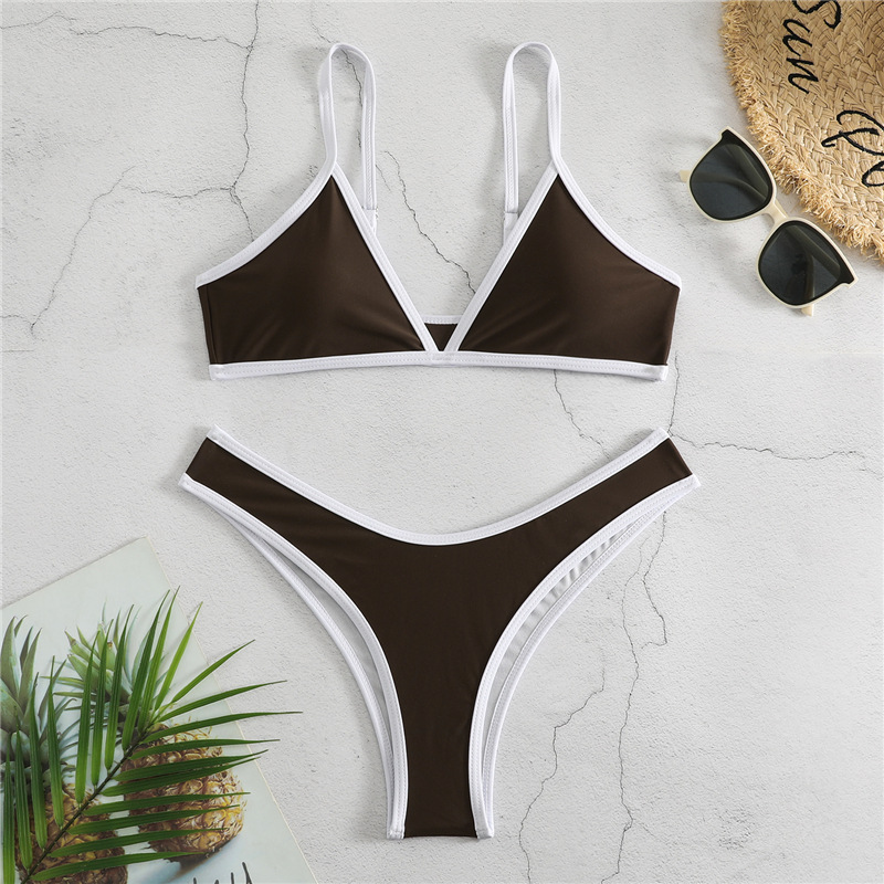 Swimwear- Women's Bikini & Triangle Bra Swimsuit Set in Contrast Binding- Coffee- Chuzko Women Clothing