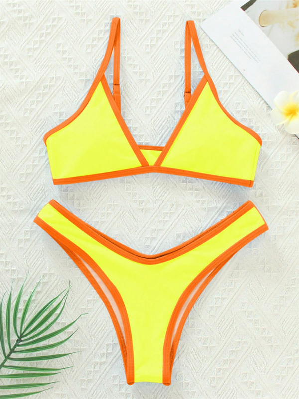 Swimwear- Women's Bikini & Triangle Bra Swimsuit Set in Contrast Binding- - Chuzko Women Clothing