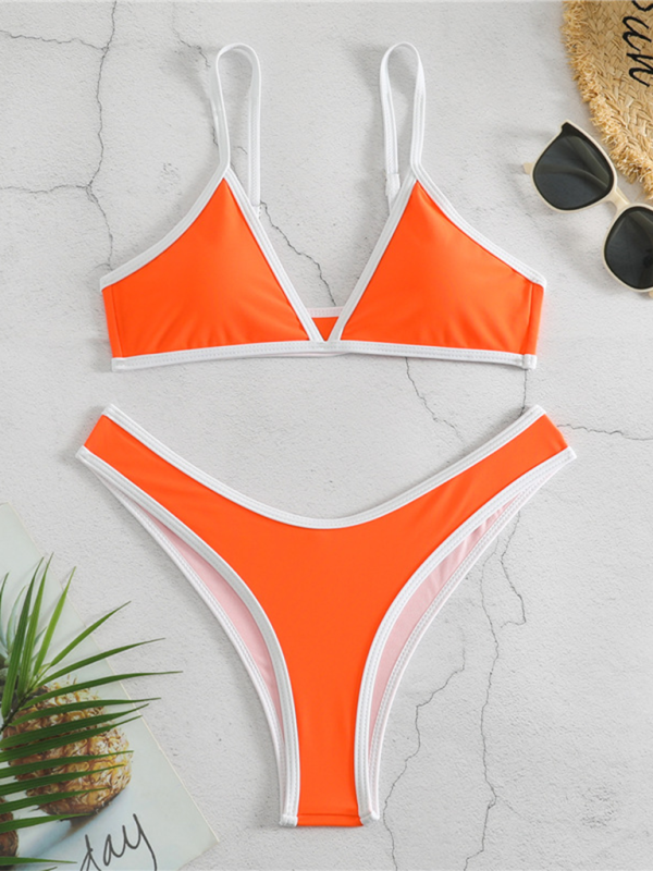 Swimwear- Women's Bikini & Triangle Bra Swimsuit Set in Contrast Binding- Orange- Chuzko Women Clothing