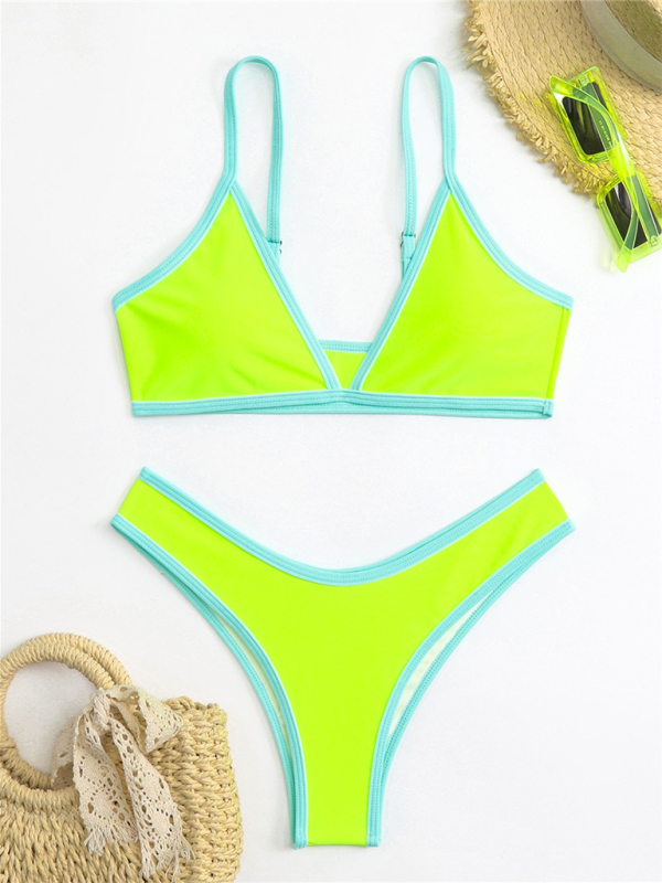 Swimwear- Women's Bikini & Triangle Bra Swimsuit Set in Contrast Binding- Pattern3- Chuzko Women Clothing