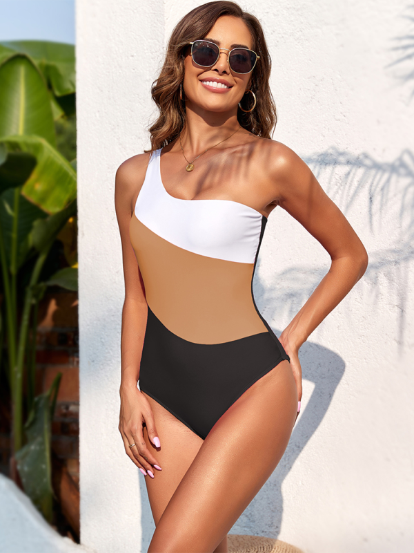 Swimwear- Women's Color-Block One-Shoulder Swimsuit for Active Aquatics- - Chuzko Women Clothing