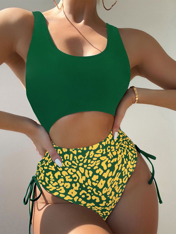Swimwear- Women's Cutout Animal Print Swimsuit for Pool Parties- Green black jasper- Chuzko Women Clothing