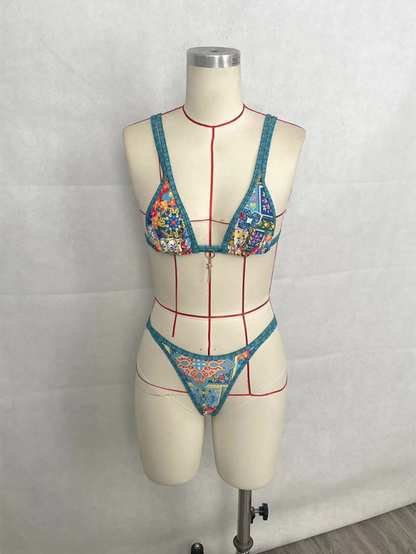 Swimwear- Women's Floral Print Swimsuit - Bikini & Double-Strap Triangle Bra- - Chuzko Women Clothing