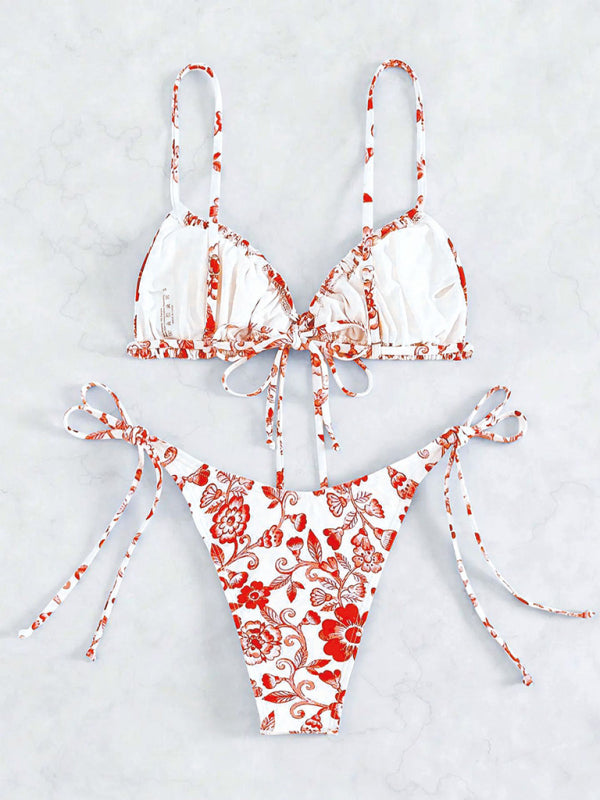Swimwear- Women's Floral Print Swimwear Set - Tie-Sides Bikini & Ruched Triangle Bra- - Chuzko Women Clothing