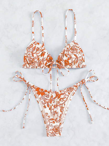 Swimwear- Women's Floral Print Swimwear Set - Tie-Sides Bikini & Ruched Triangle Bra- Orange- Chuzko Women Clothing