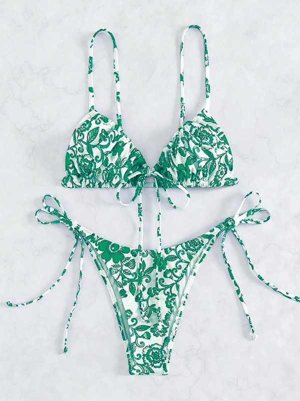 Swimwear- Women's Floral Print Swimwear Set - Tie-Sides Bikini & Ruched Triangle Bra- Green- Chuzko Women Clothing