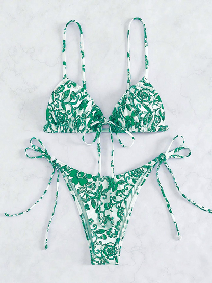 Swimwear- Women's Floral Print Swimwear Set - Tie-Sides Bikini & Ruched Triangle Bra- Green- Chuzko Women Clothing