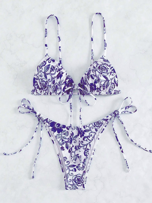 Swimwear- Women's Floral Print Swimwear Set - Tie-Sides Bikini & Ruched Triangle Bra- Purple- Chuzko Women Clothing