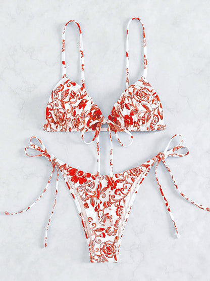 Swimwear- Women's Floral Print Swimwear Set - Tie-Sides Bikini & Ruched Triangle Bra- Red- Chuzko Women Clothing
