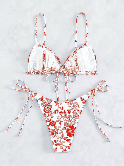 Swimwear- Women's Floral Print Swimwear Set - Tie-Sides Bikini & Ruched Triangle Bra- - Chuzko Women Clothing