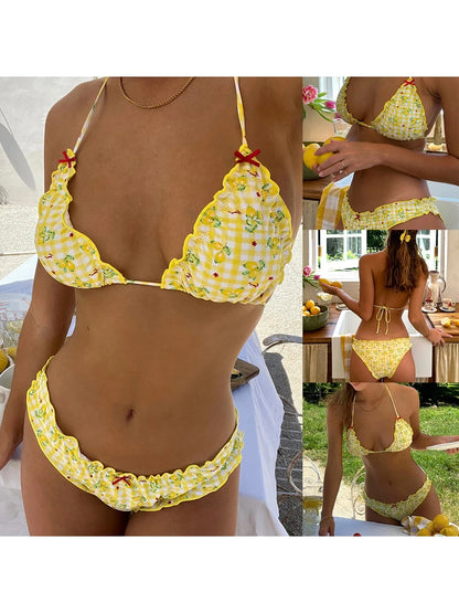 Swimwear- Women's Frill Plaid Swimsuit - Floral 2 Piece Bikini- - Chuzko Women Clothing