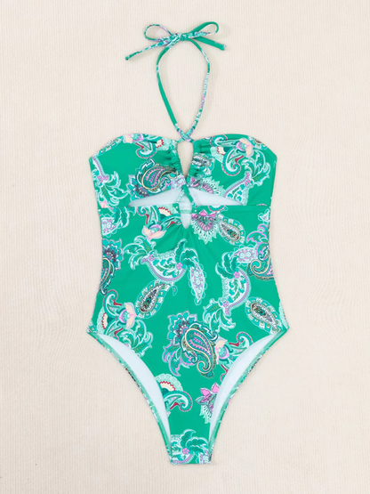 Women's Paisley Print Halter One-Piece with Belly Control