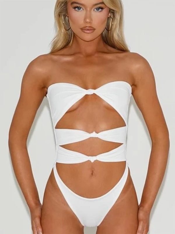 Swimwear- Women's Strapless Cutout One-Piece Swimwear- White- Chuzko Women Clothing