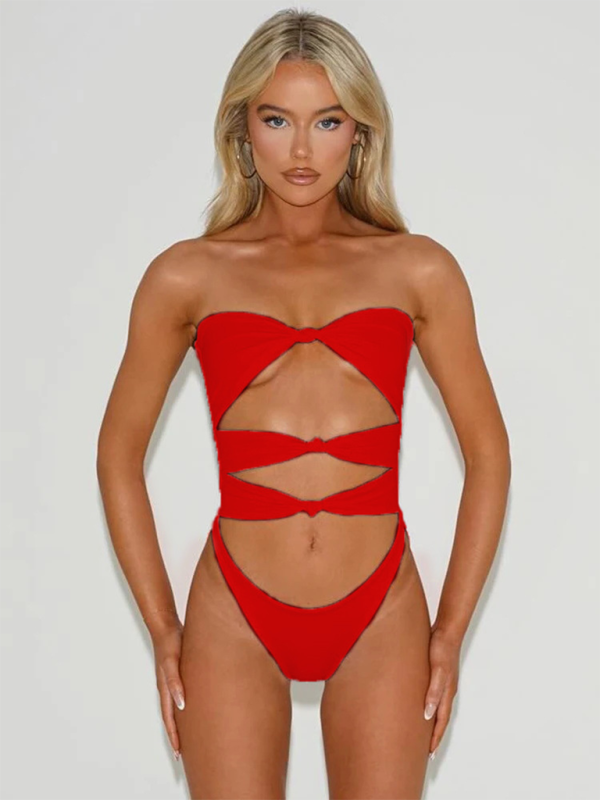 Swimwear- Women's Strapless Cutout One-Piece Swimwear- Red- Chuzko Women Clothing