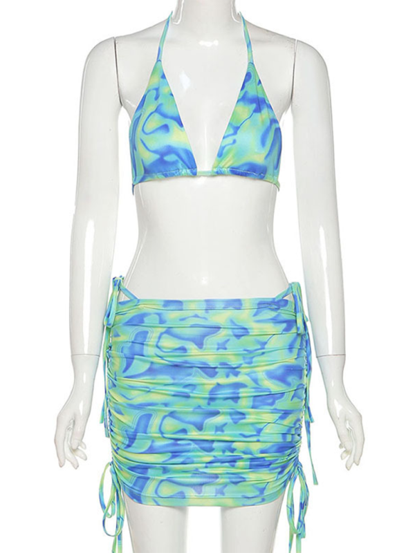 Swimwear- Women's Summer Print 2-Piece Triangle Bra & Mini Skirt Cover-Up Set- - Chuzko Women Clothing