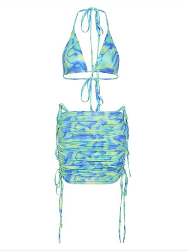 Swimwear- Women's Summer Print 2-Piece Triangle Bra & Mini Skirt Cover-Up Set- - Chuzko Women Clothing
