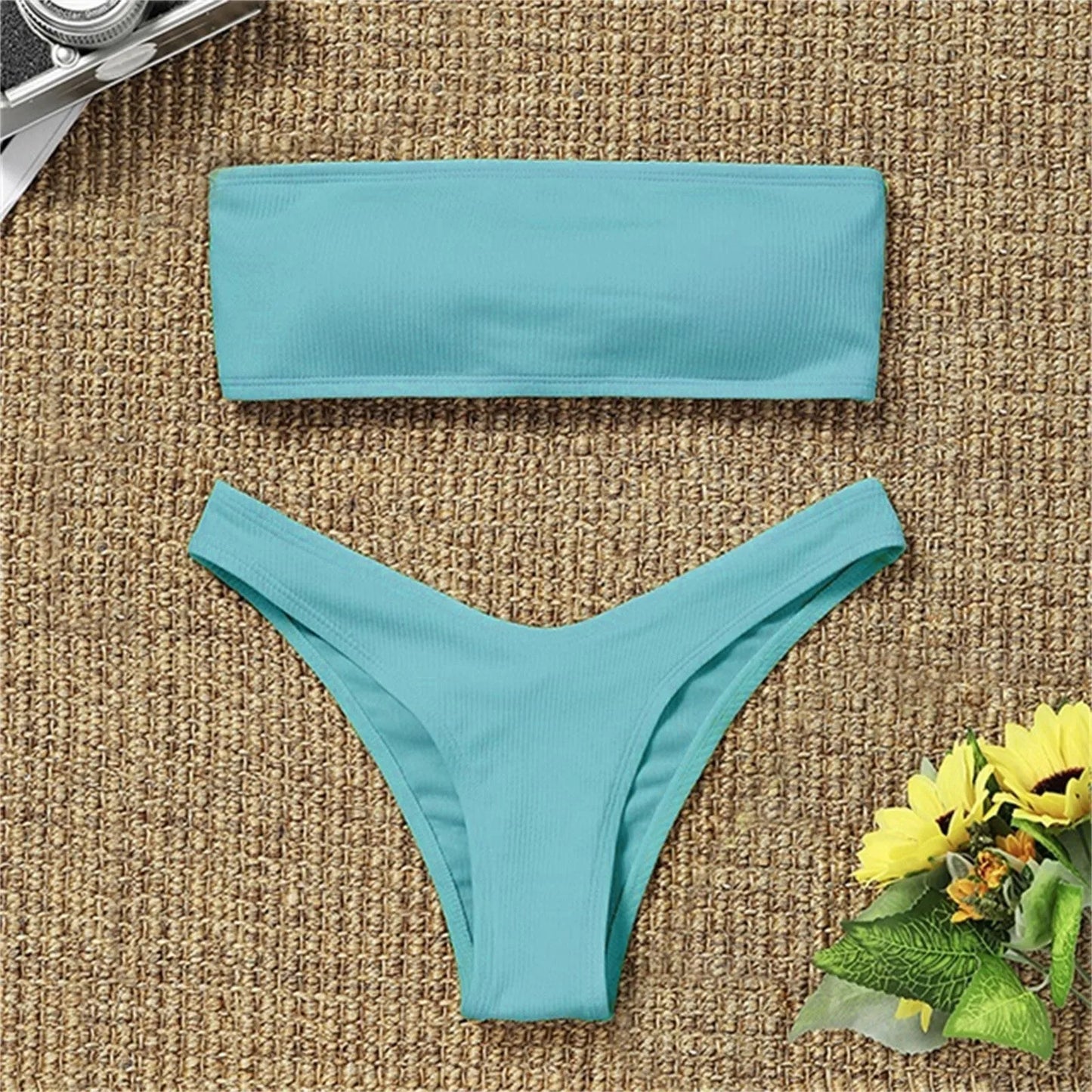 Swimwear- Women's Textured Bandeau 2 Piece Swimwear - Strapless Bra & Low-Waist Bottom- Green- Chuzko Women Clothing