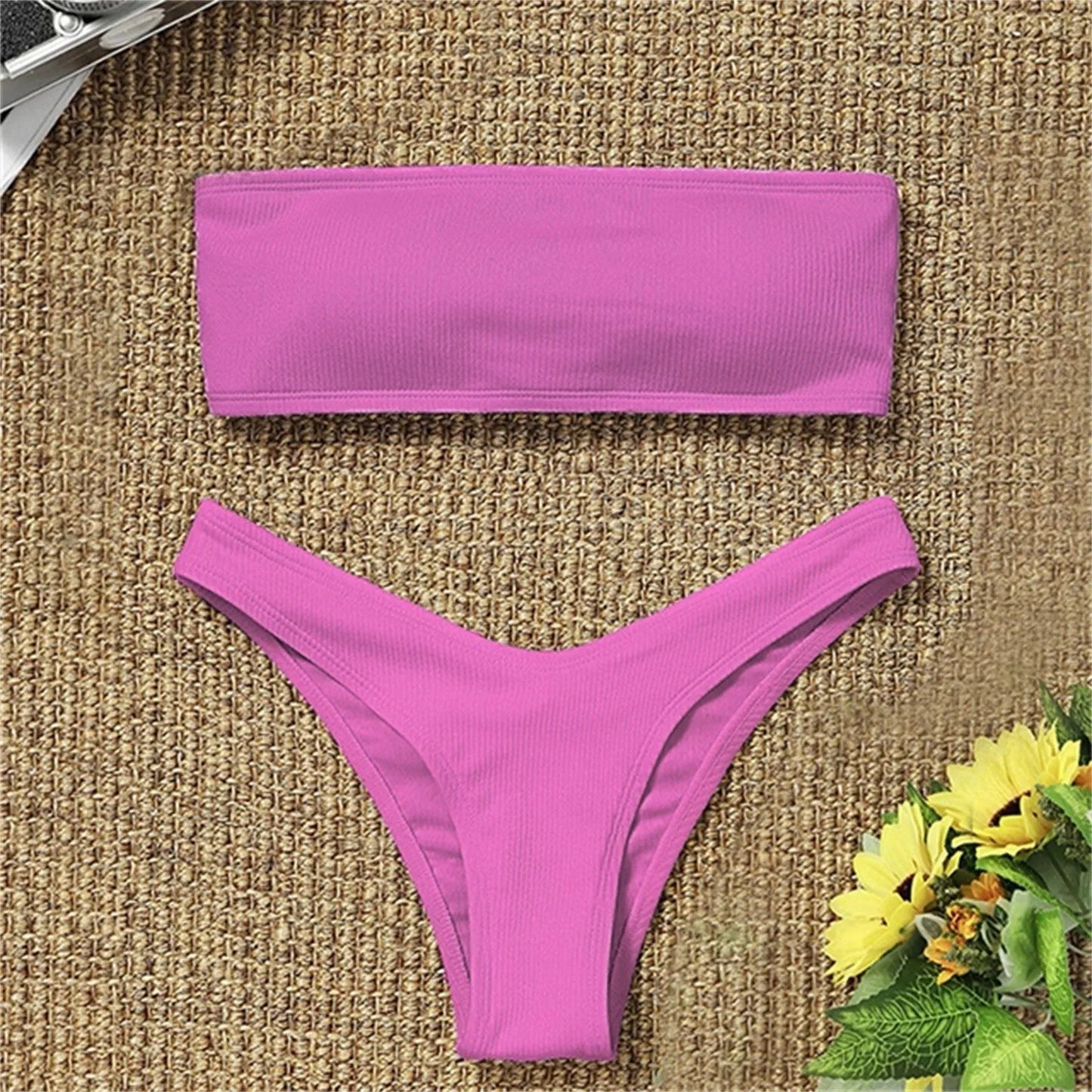 Swimwear- Women's Textured Bandeau 2 Piece Swimwear - Strapless Bra & Low-Waist Bottom- Pink- Chuzko Women Clothing