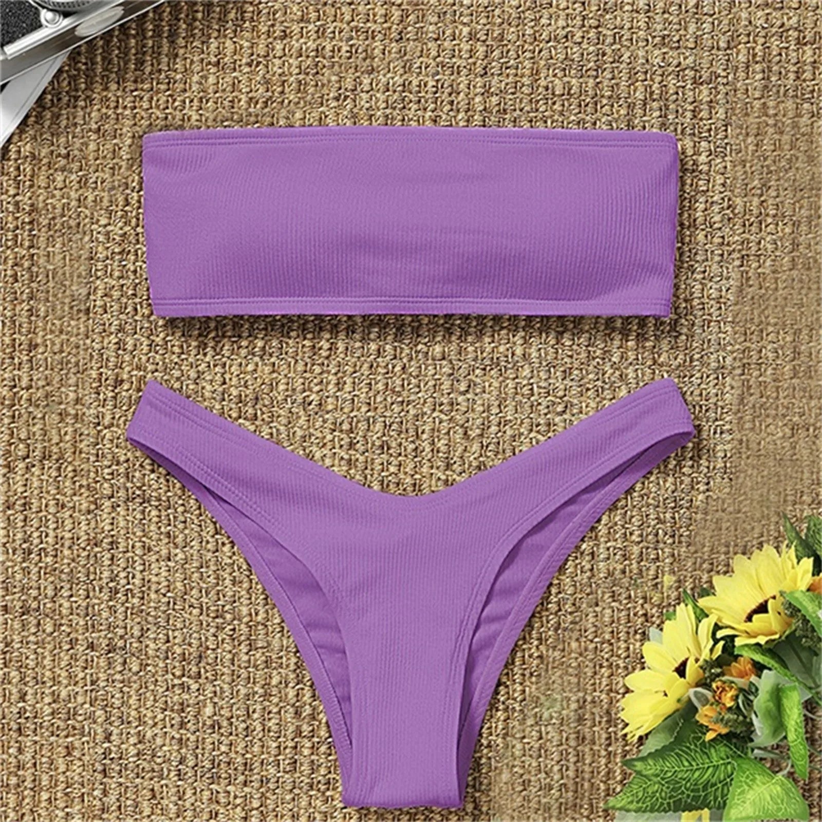 Swimwear- Women's Textured Bandeau 2 Piece Swimwear - Strapless Bra & Low-Waist Bottom- Purple- Chuzko Women Clothing