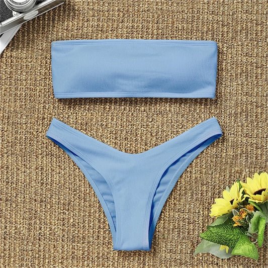 Swimwear- Women's Textured Bandeau 2 Piece Swimwear - Strapless Bra & Low-Waist Bottom- Blue- Chuzko Women Clothing