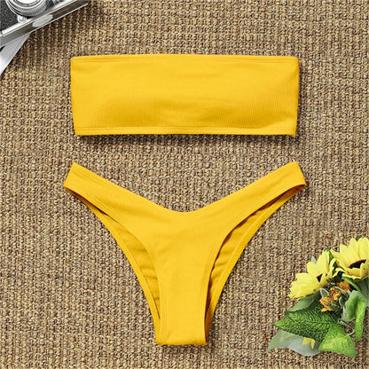 Swimwear- Women's Textured Bandeau 2 Piece Swimwear - Strapless Bra & Low-Waist Bottom- Yellow- Chuzko Women Clothing