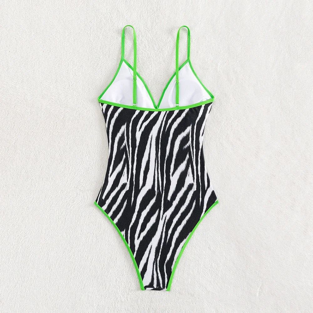 Swimwear- Zebra Print Plunging One-Piece Swimwear for Women with Vibrant Green Binding- - Chuzko Women Clothing