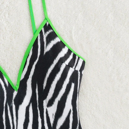 Swimwear- Zebra Print Plunging One-Piece Swimwear for Women with Vibrant Green Binding- - Chuzko Women Clothing